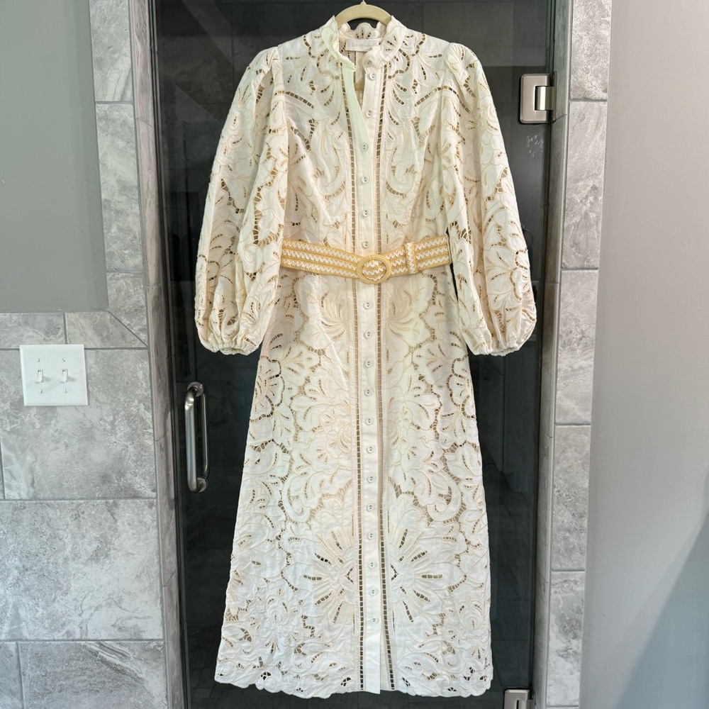 Zimmerman Empire Belted Broderie Anglaise Linen And Cotton-Blend Midi Dress